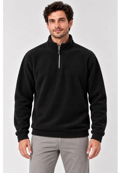 Butik İstanbul Erkek Polar Dik Yaka Yarım Fermuarlı Uzun Kollu Regular Fit Kışlık Sweatshirt - Siyah