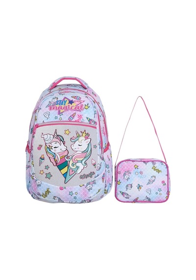 İlkokul Okul Sırt Çantası Kız Erkek Unisex Beslenme Çantalı Ortopedik 2li Set At Model Unicorn Beyaz