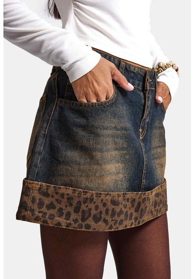 Kadın Koyu Kot 2w6-8 Straight Leopar Detaylı Tasarım Denim Etek