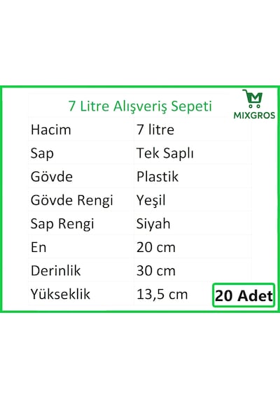Plastik Kozmetik Alışveriş El Sepeti 7 Litre Yeşil 20 Adet Yeşil