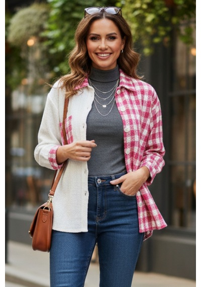 Kadın Pembe Oversize Fit Ekoseli Desenli Uzun Kollu %100 Pamuk Gömlek, Ceket, Kadın Oduncu Gömlek Pembe
