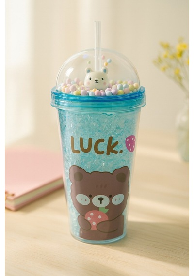 Çocuklar İçin Sevimli Renkli Boncuklu Luck Bear Tasarımlı Pipetli İçecek Bardağı Suluk Mavi 2093 Çok Renkli