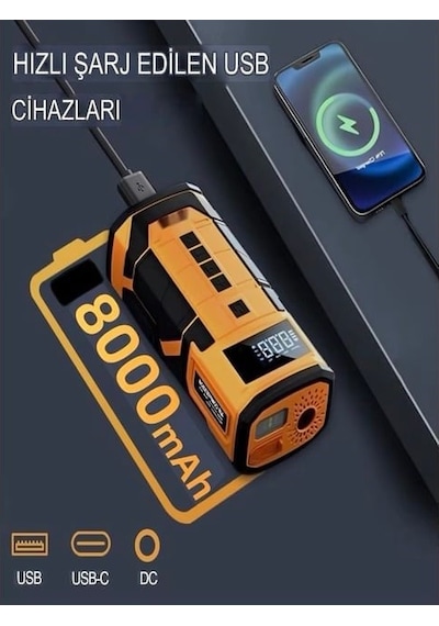 Auhma A5577 4'ü 1 Arada Akü Takviyeli Şarjlı Hava Pompası 8.000 Mah Powerbank & Dijital Fener