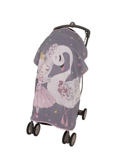 Sevi Bebe Pano Baskılı Müslin Bebek Arabası Örtüsü Kuğu Desenli Gri