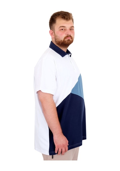 Mode Xl Büyük Beden Erkek T-shirt Polo Yaka Parçalı 25313 Beyaz Beyaz