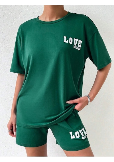 Love Yourself T-shirt Şort - Yeşil Alt Üst Kombin Şort Tişört Takım Baskılı Oversize Bisiklet Yaka Yeşil