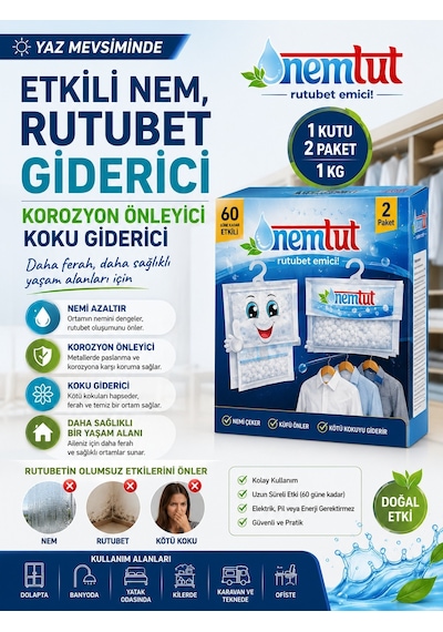 Nem Tutucu Alıcı Rutubet Giderici Önleyici Korozyon Önleyici Koku Giderici 1 Kg (1 Kutu - 2 Paket)