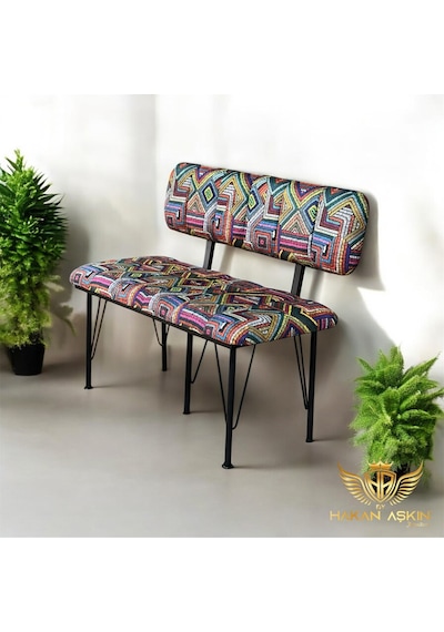 By Hakan Aşkın Siyah Metal Ayaklı Metal Alt Kasalı Line Style New 2025 Sırtlı Bench & Bank Rug Pattern Rug Bbf