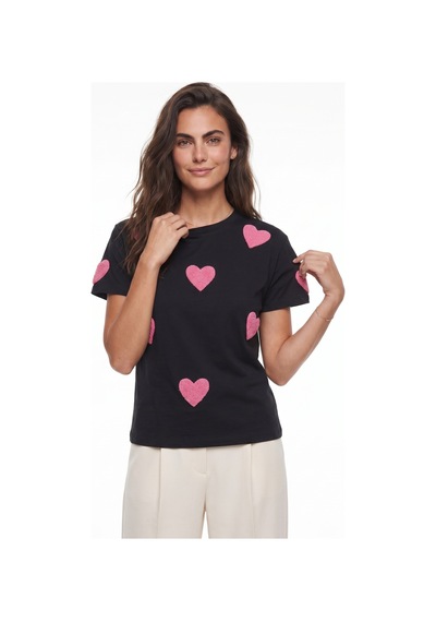Onloox Kadın Siyah Siyah Pamuklu Bisiklet Yaka Kısa Kollu Basic Kalp Süzene Nakış Detaylı Örme T-shirt