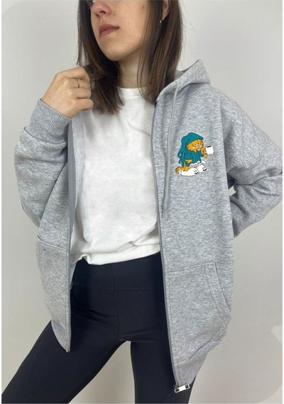 Altamira Unisex Gri Karikatür Baskılı Mevsimlik Oversize Kapüşonlu Hırka 001