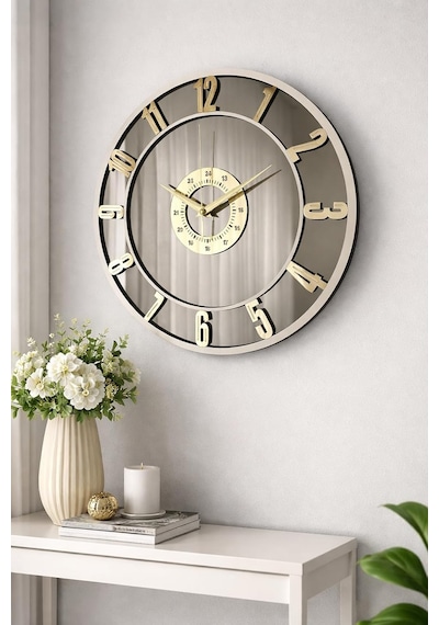 Modern Duvar Saati, Gold Rakamlar, Gümüş Ayna Yüzey, 40 Cm Çap, Mdf Gövde, Beyaz Ahşap Detaylar Standart