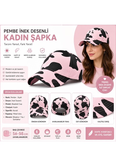 Valkyrie İnek Desenli Kadın Şapka Ayarlanabilir Baseball Cap Pembe Siyah Spor Günlük Unisex Pembe - Siyah