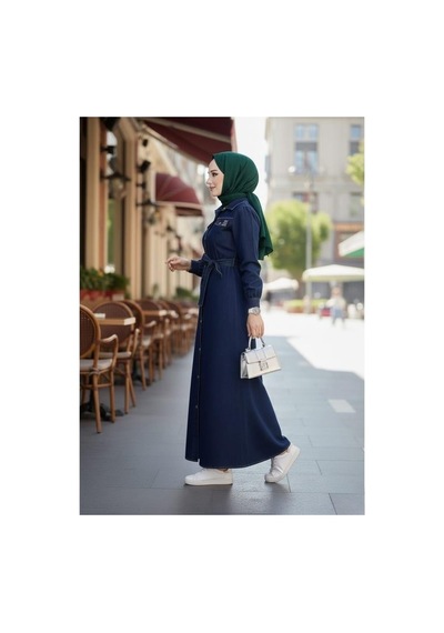 Hb Harma Time Butik Kadın Boncuk İşlemeli Düğmeli Kuşaklı Lacivert Kot Elbise