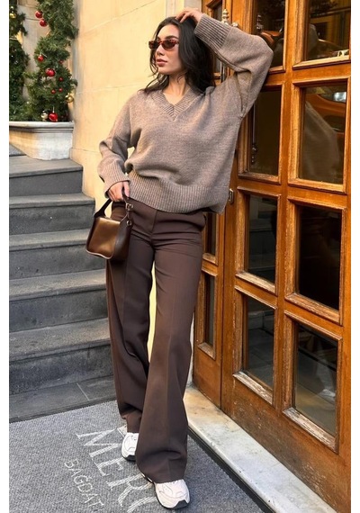 Madmext Vizon V Yaka Oversize Kadın Triko Kazak Mg2149 Vizon
