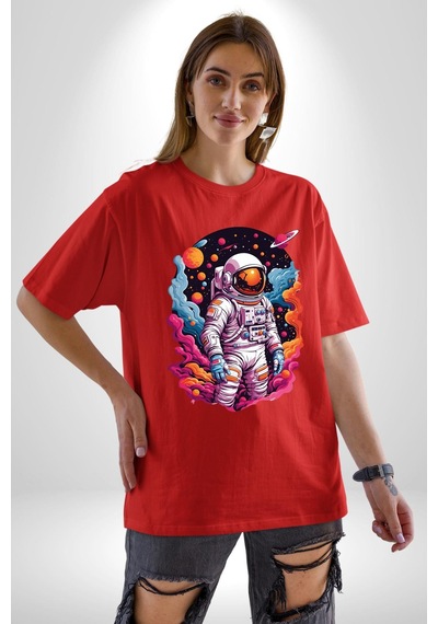 Ay Mars Astronot Pamuklu Bisiklet Yaka Unisex Oversize Boyfriend Dijital Baskılı Kırmızı T-shirt Kırmızı