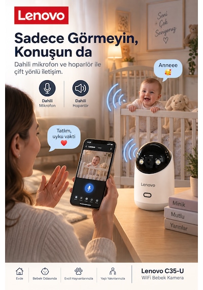 Lenovo Ev Kamerası 3'lü Set 2k 3mp, Wifi, Sesli, 360 Ptz, Mobil Kontrol, Hareket Takip, Iç Mekan Kamera Lnv35cset