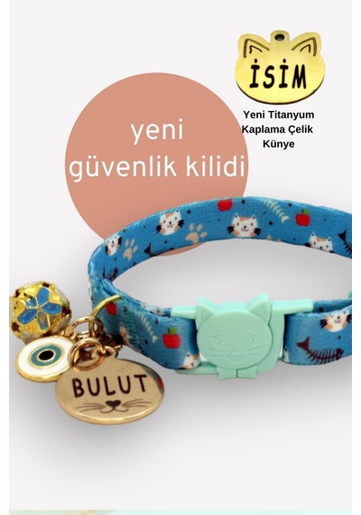 Caramelos Güvenlik Kilitli Kedi Tasması İsimli Kedi Tasması Mavi