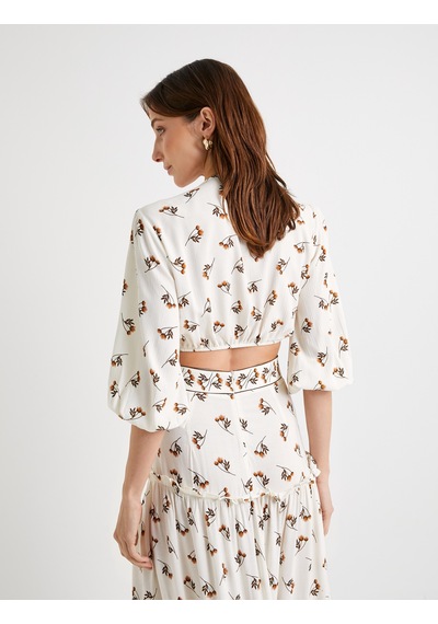 Koton Crop Bluz Balon Kollu Çiçekli Önden Bağlamalı Kahverengi Desenli 4sak60140ew Kahverengi