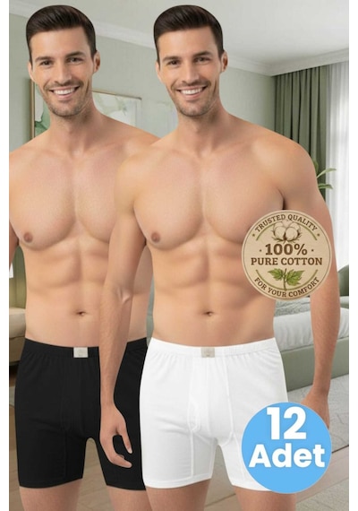 Uniquetrenders Erkek %100 Pamuklu 12'li Süprem Kumaş Penye Boxer Beyaz