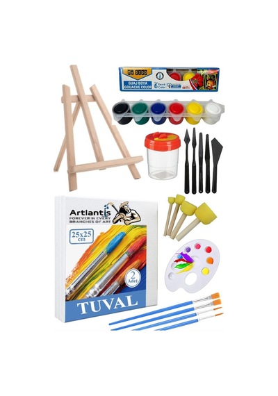 25x25 Tuval Seti 1 Paket Masa Üstü Şövale Mydido Akrilik Boya Plastik Spatula Resim Fırçası Palet Ponpon Sünger Fırça