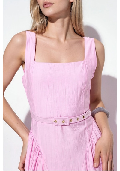 Hiccup Busem Kare Yaka Kemerli Midi Elbise Allık Pembe