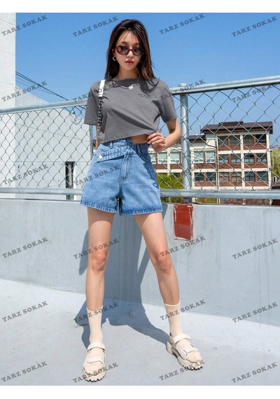 Flood Of Style Crop Ckod-232913 Dazy-less Sloganlı Grafik Kısa Gri