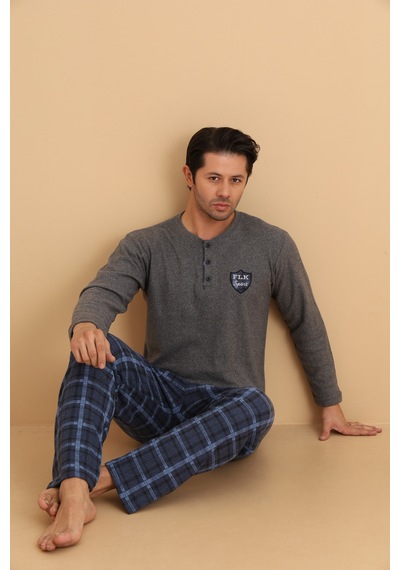 Wordex Flkn 7015 İnterlok Kışlık Ekose Pijamalı Erkek Pijama Takımı Füme