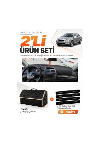 E-biz Skoda Octavia 2009-2012 Uyumlu Torpido Örtüsü + Deri Bagaj Çantası Seti - Siyah-bej - Sk009