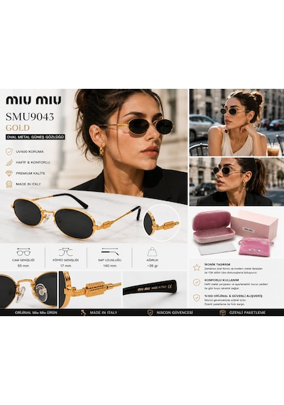 Miu Miu Smu9043 Kadın Güneş Gözlüğü Metal Çerçeve Füme Cam Made İn Italy - Gold