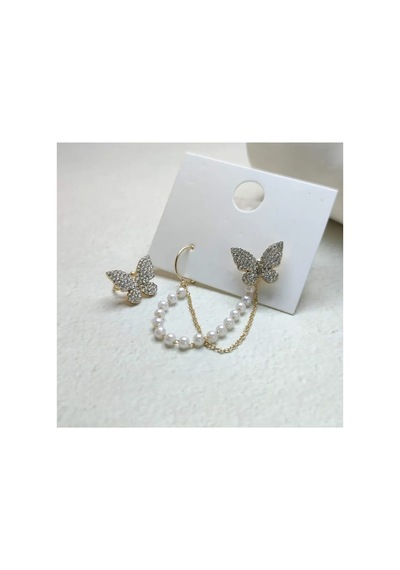 Lunarie Altın Zirkon Taşlı Kelebek İnci Zincir Ear Cuff Küpe
