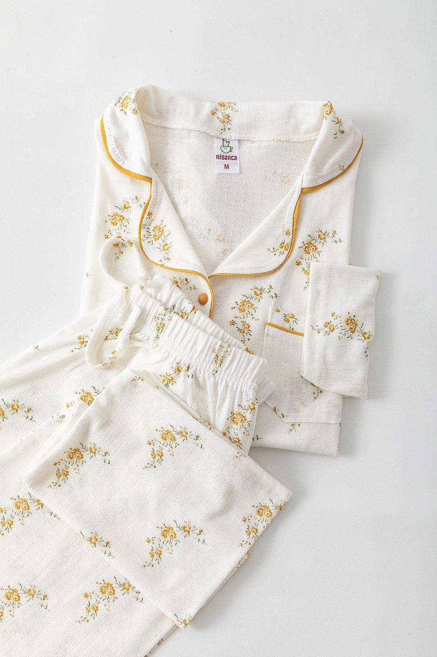 Nisanca Uzun Kol Gömlek Yaka Kadın Büyük Beden Pinterest Pijama Takımı - Mevsimlik Kadın Pijama Hardal