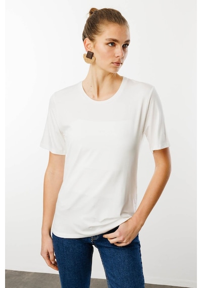 Kadın Sıfır Yaka Basic Penye T-shirt Ekru Ekru