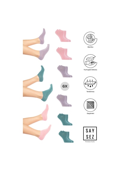 Saysez Bambu Kadın Sneaker Pembe-lila-suyeşil Çorap Dikişsiz Görünmez Bilekte Spor Çorap Premium 6'lı Paket Renkli Saysez Bambu Kadın Sneaker Pembe-lila-suyeşil Çorap Dikişsiz Görünmez Bilekte Spor Çorap Premium 6'lı Paket Renkli