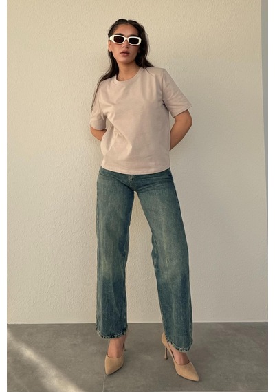 Madmext Camel %100 Pamuk Vatkalı Oversize Kadın T-shirt Mg2442 Camel