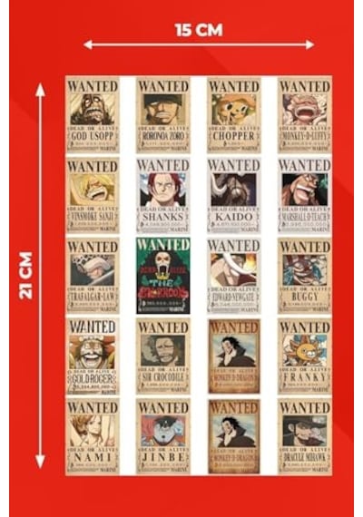 One Piece Wanted Tasarımlı Düz Kesim Sticker Seti - 2,60 Cm X 3,80 Cm 20 Adet Sticker Abanoz
