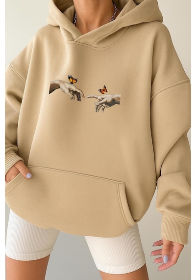 Benroma 3 İplik Penye El Parmak Unisex Kapüşonlu Sweat Bej