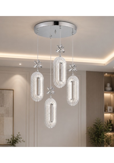 4 Lü Defne 3 Renk Modlu Kristal Taşlı Ledli Sarkıt Avize Krom