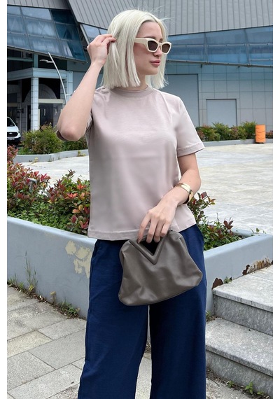 Madmext Bej Bisiklet Yaka Basic Kadın Tişört Mg2075-bej Bej