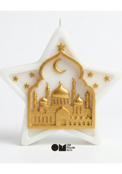 Ramazan Temalı Dekoratif Mum Seti Ay Yıldız Cami Figürlü El Yapımı Soya Wax Mum Altın - Beyaz
