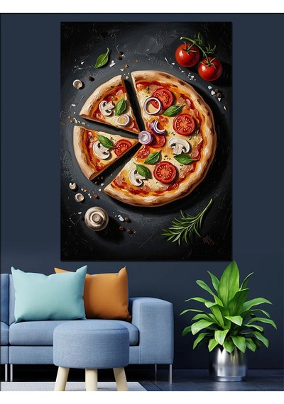 Taze Malzemeli Dilimlenmiş Pizza Tablo Dekoratif Kanvas - Mdf Ahşap Tablo