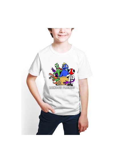 Startmore Rainbow Friends Roblox Baskılı Unisex Çocuk T-shirt H02 Beyaz