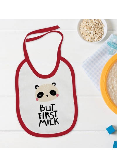 BK Kids But First Milk Tasarımlı Kırmızı Bebek Mama Önlüğü-1 Kırmızı