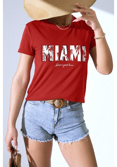 Unisex Miami Baskılı Oversize Tshirt Kırmızı