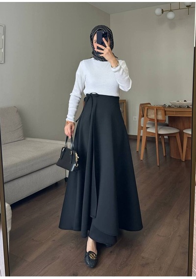 Unika Boutique Kadın Yandan Bağlamalı Tesettür Uzun Kot Etek Siyah