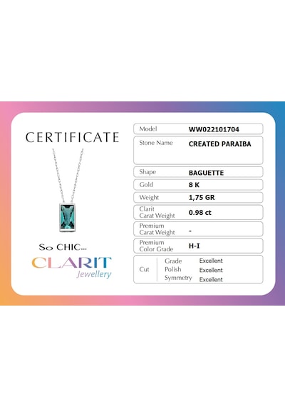 Clarit Serisi Created Paraiba Taşlı 8 Ayar Beyaz Altın Baget Kolye