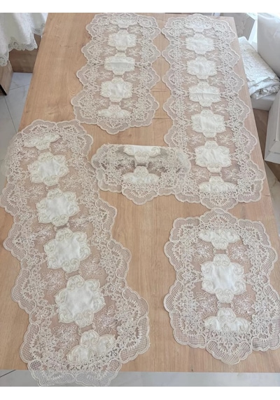 Salon Takımı Çeyizlik Krem Runner Set 5 Parça Keten Ranır Masa Konsol Sehpa Örtüsü Orkide Çok Renkli
