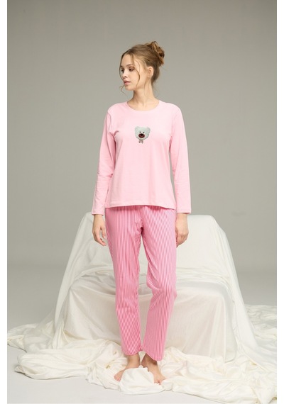 Siyah İnci Pamuklu Bisiklet Yaka Örme Pijama Takım25241138 Pembe