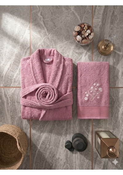 Premium 2'li Aile Bornoz Seti Çeyizlik Pamuklu Hediyelik Banyo Takımı L/xl Mürdüm
