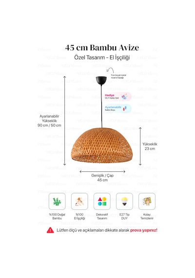 Bohem Bambu Boja Pendant Sarkıt Avize Lamba 45 Cm - Iskandinav, Modern, Bohem, Rattan Aydınlatma Bambu