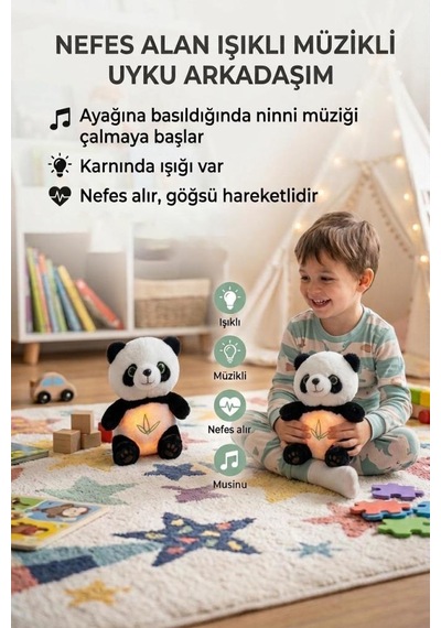 Nefes Alan Işıklı Ve Müzikli Panda Uyku Arkadaşım Ritmik Hareketli 30 Cm Oyuncak Peluş Hayvan
